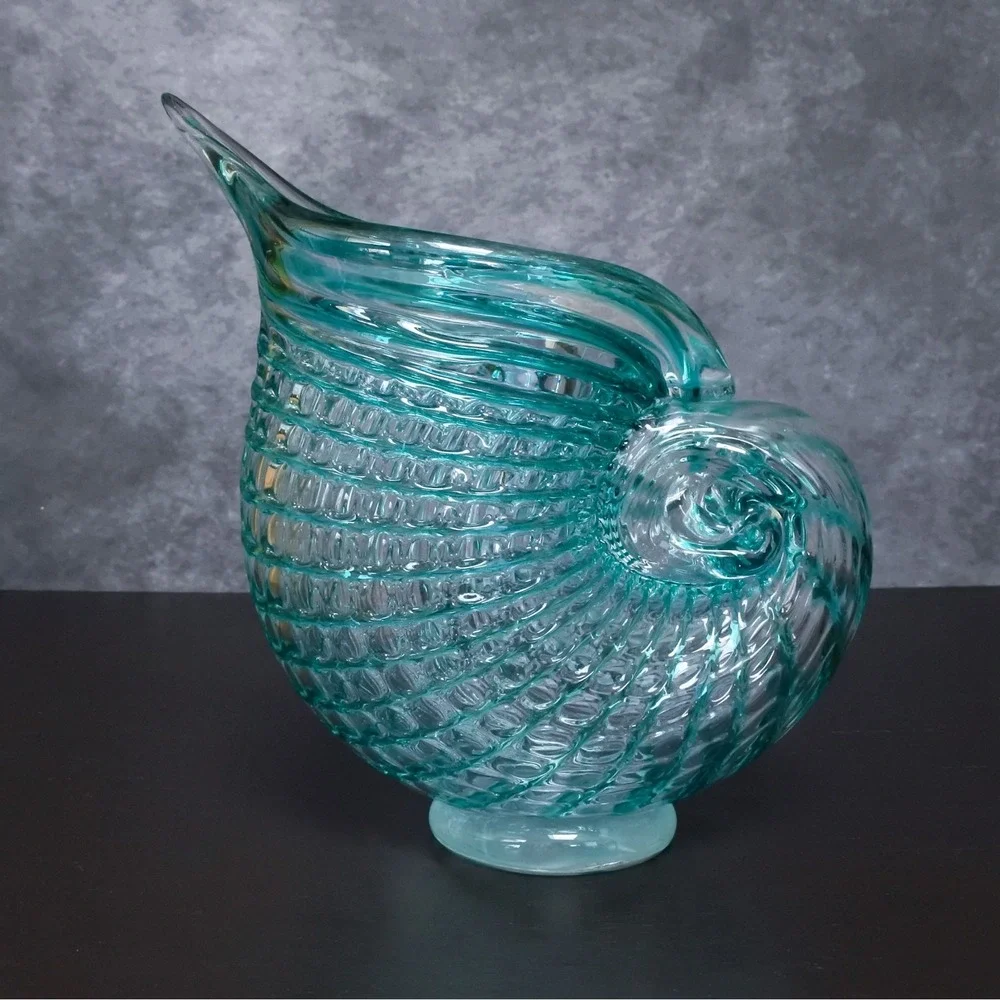 Hand Blown Art Glass Green Blue Nautilus Conch Sea Shell Vase